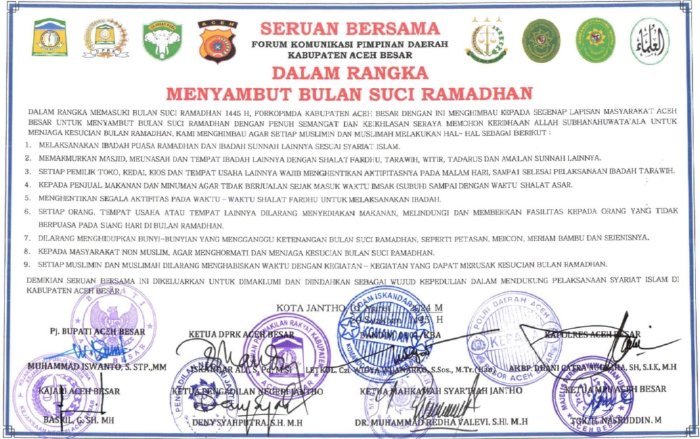 Forum Koordinasi Pimpinan Daerah (Forkopimda) Aceh Besar mengeluarkan Seruan Bersama dalam rangka menyambut bulan suci Ramadhan 1445 H pada 12 Maret 2024.