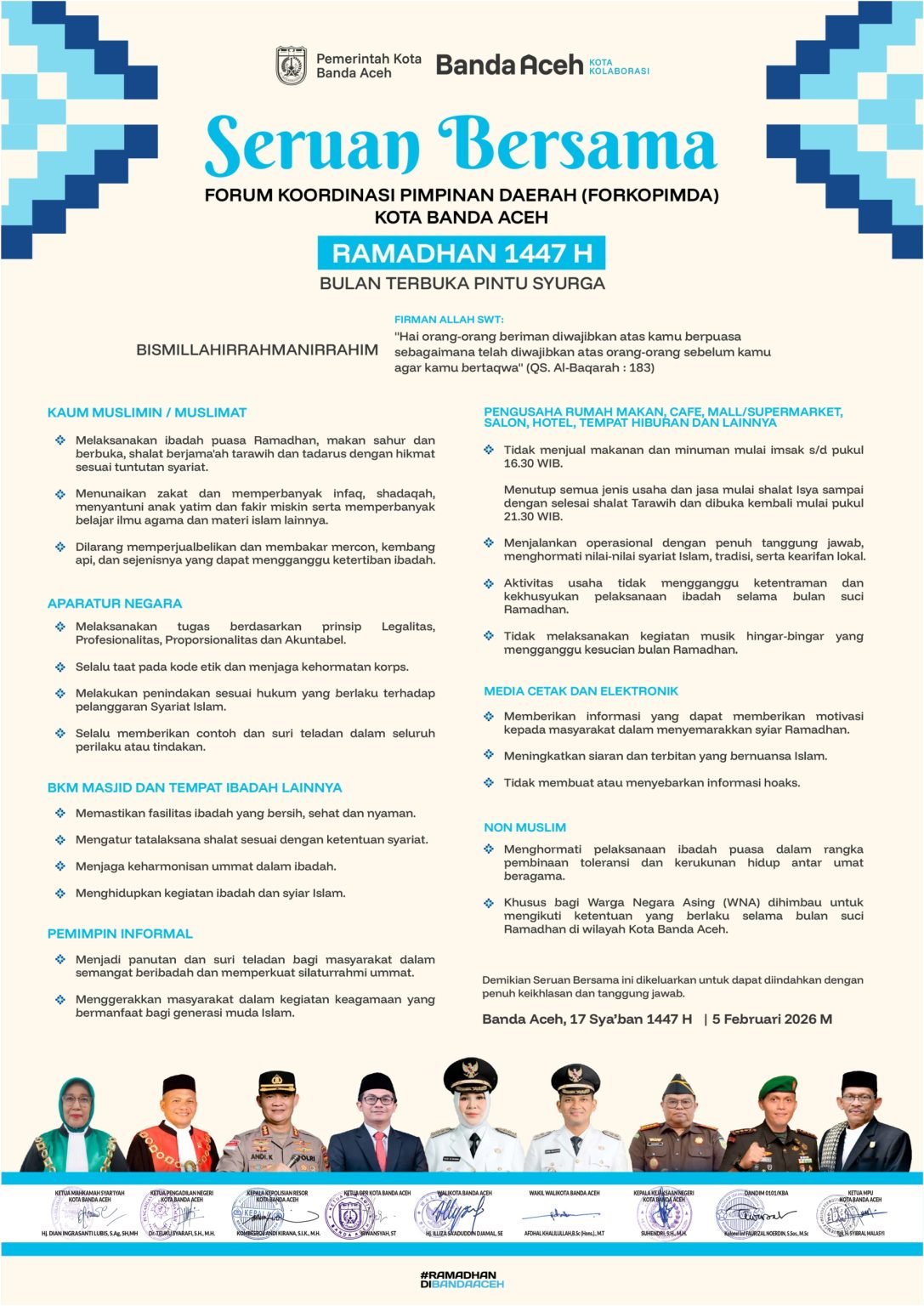 Forkopimda Kota Banda Aceh Terbitkan Seruan Bersama Ramadan 1447 H